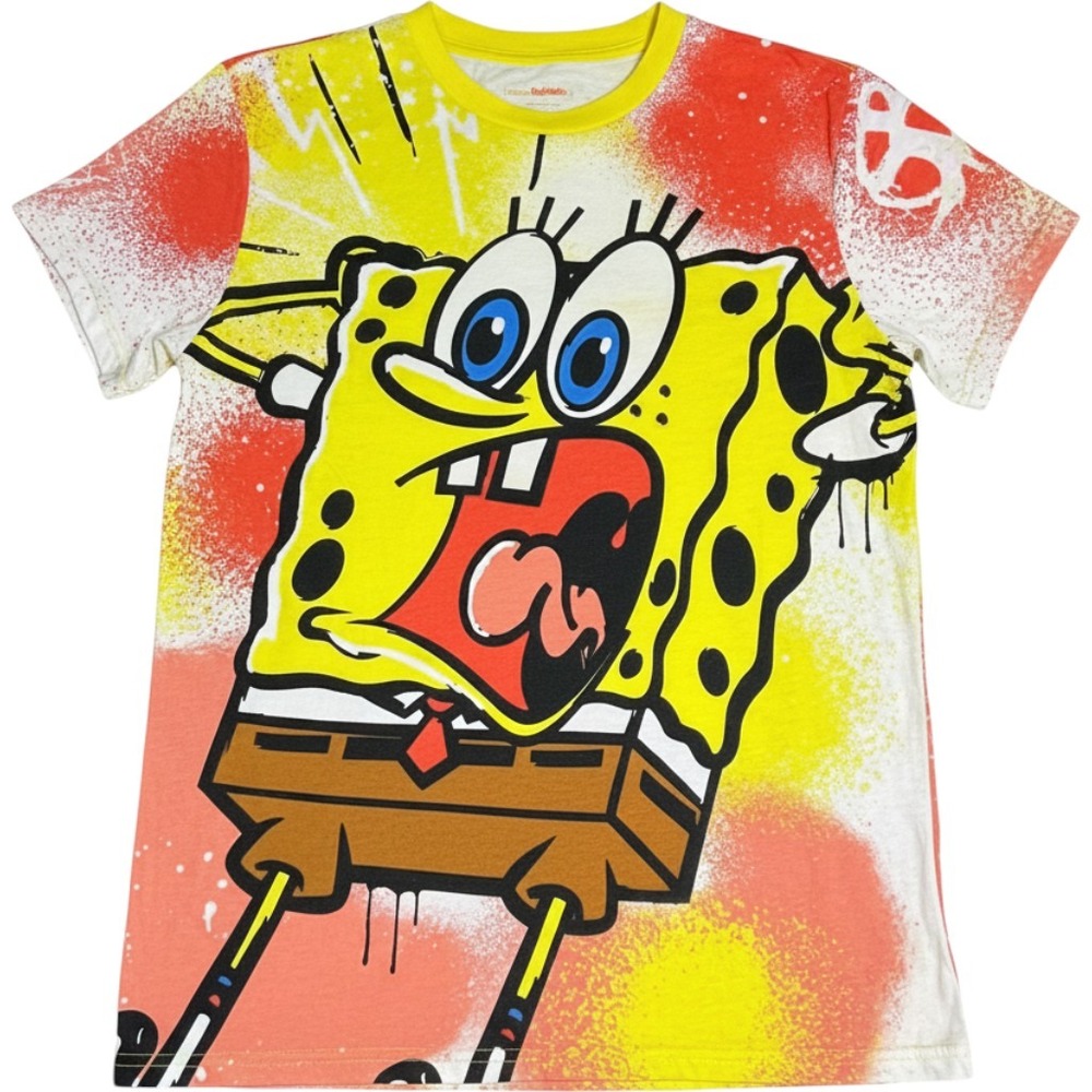 Nickelodeon Spongebob Squarepants T-Shirt Large Y2K Spray Paint Graphic Tee